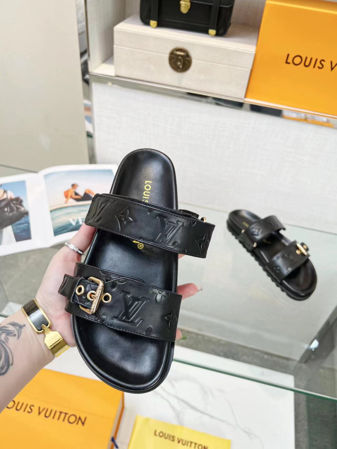 Black Embossed Sandals